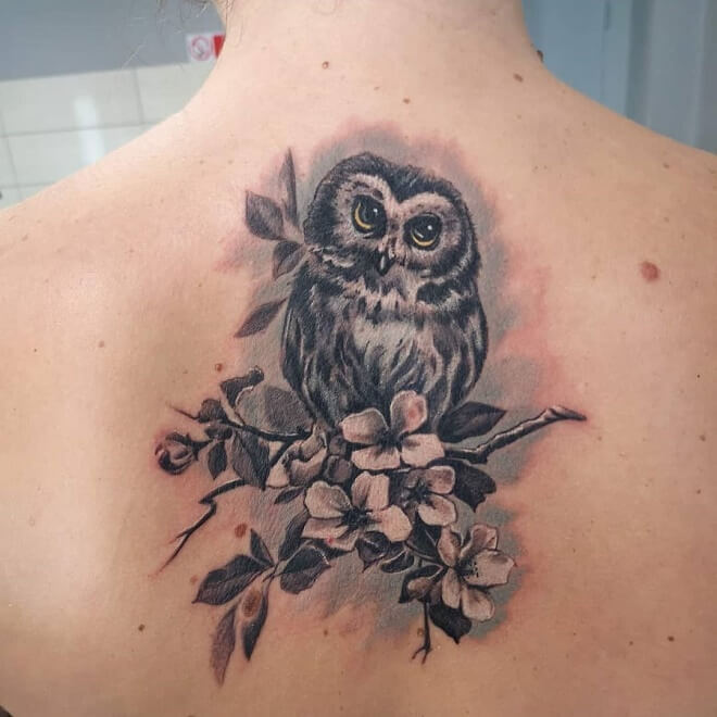 Black And Gray Owl Tattoo