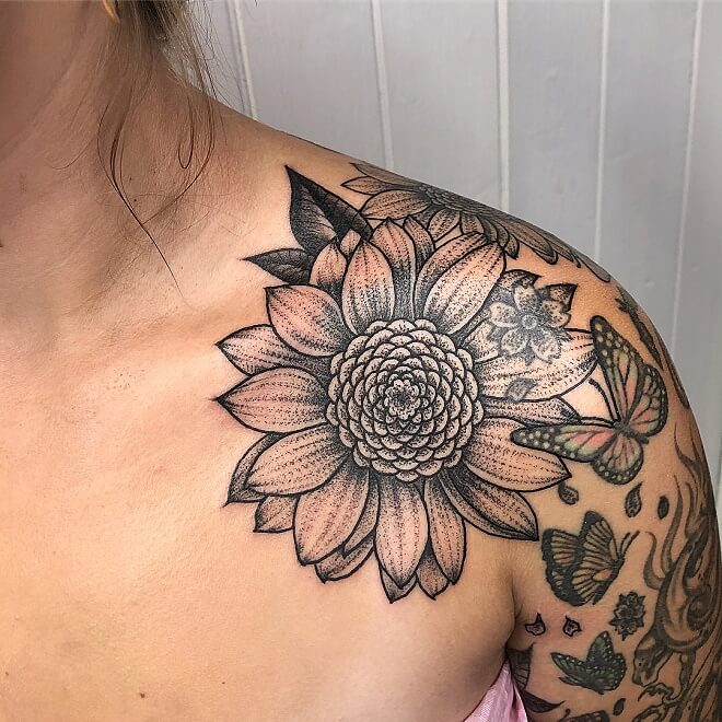 Black Work Sunflower Tattoo