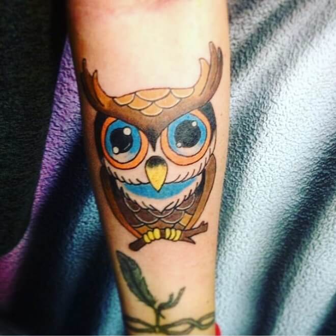 Hand Colorful Owl Tattoo