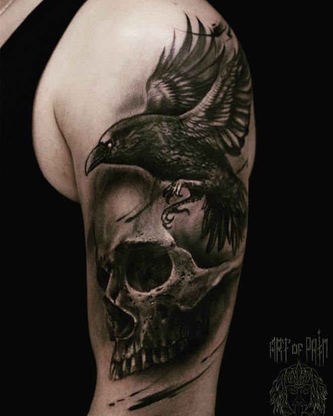 Mysterious Skull and Raven Tattoo