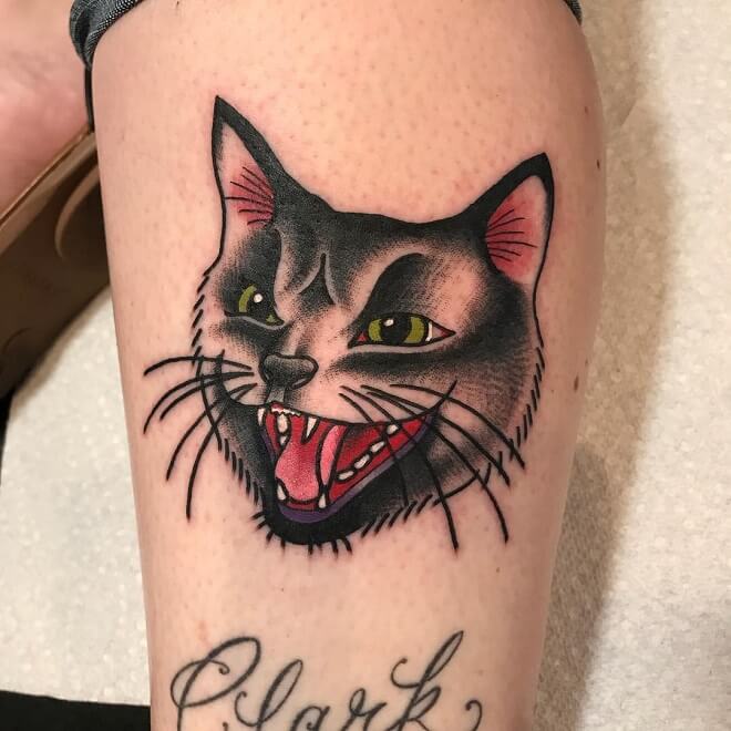 American Crazy Traditional Cat Tattoo
