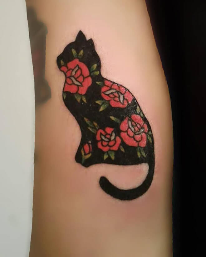 Black American Traditional Cat Tattoo