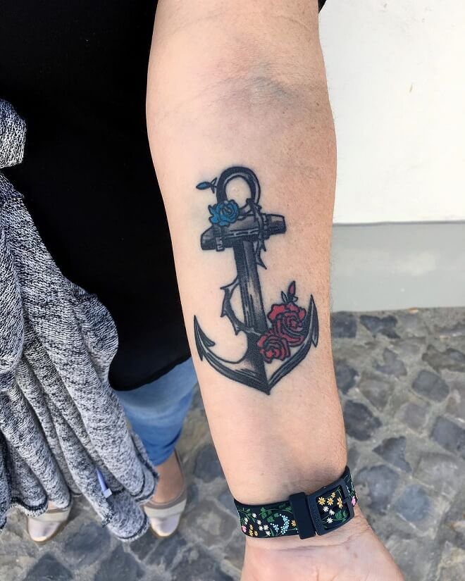 Black With Rose Anchor Tattoo
