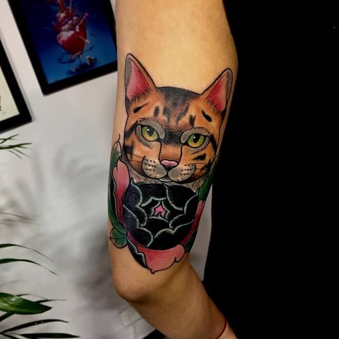 Color American Traditional Cat Tattoo