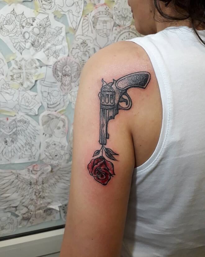 Colour Rose Gun Tattoo