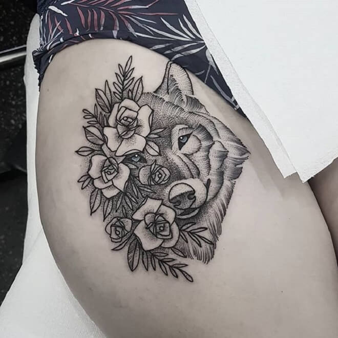 Flowers Wolf Tattoo