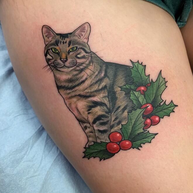 Holly Flower Cat Tattoo