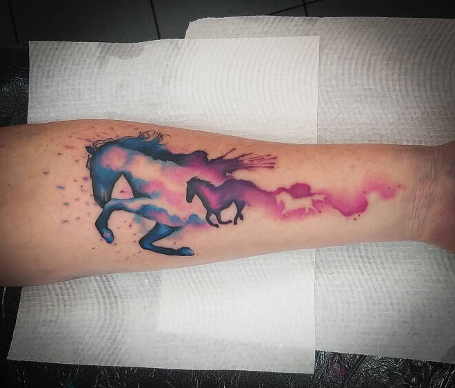 Pink And Blue Horse Tattoo