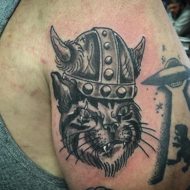 Viking American Traditional Cat Tattoo