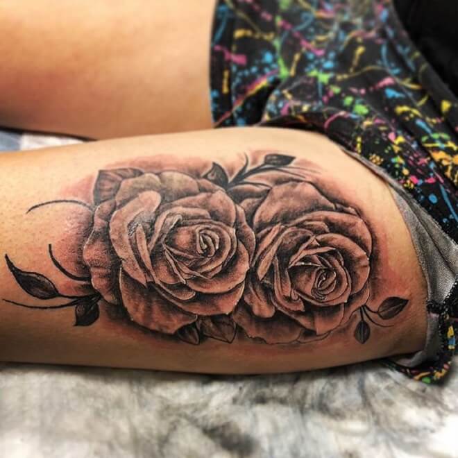 Awesome Thigh Rose Tattoo