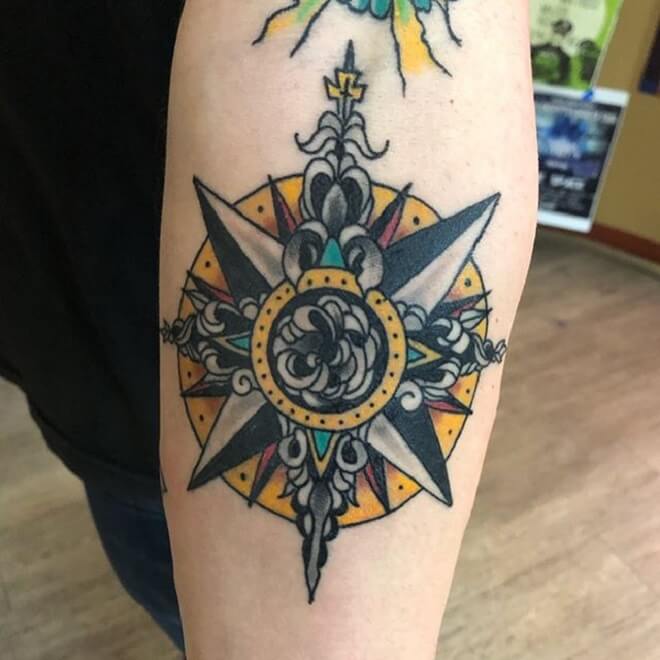 Colorful Compass Tattoo