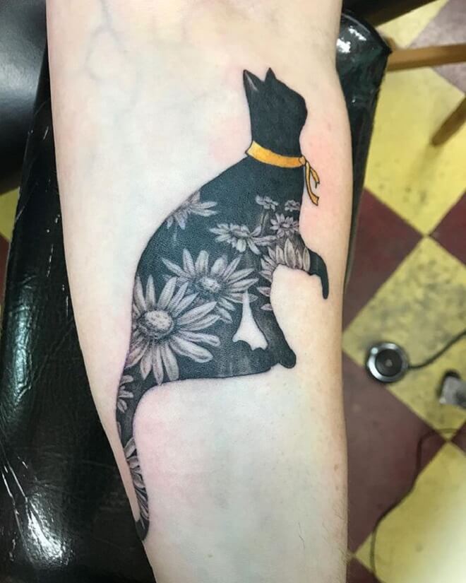 Flower Black Cat Tattoo