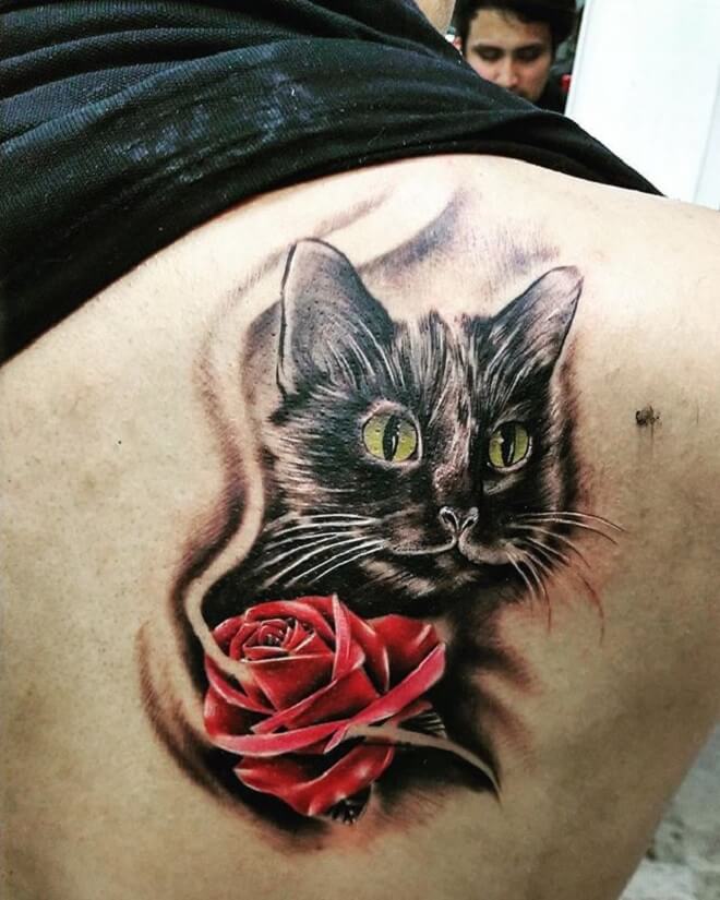 Rose Cat Black Tattoos