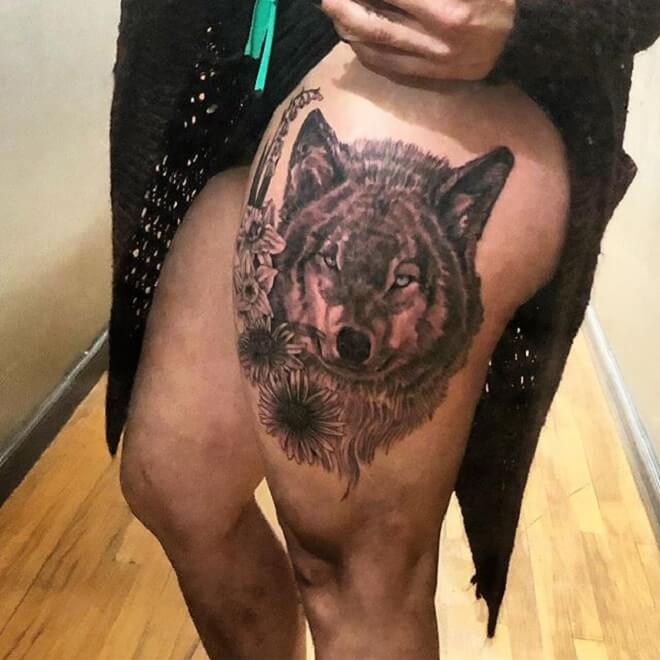 Thigh Wolf Tattoo
