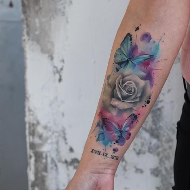 Butterfly Watercolor Rose Tattoo