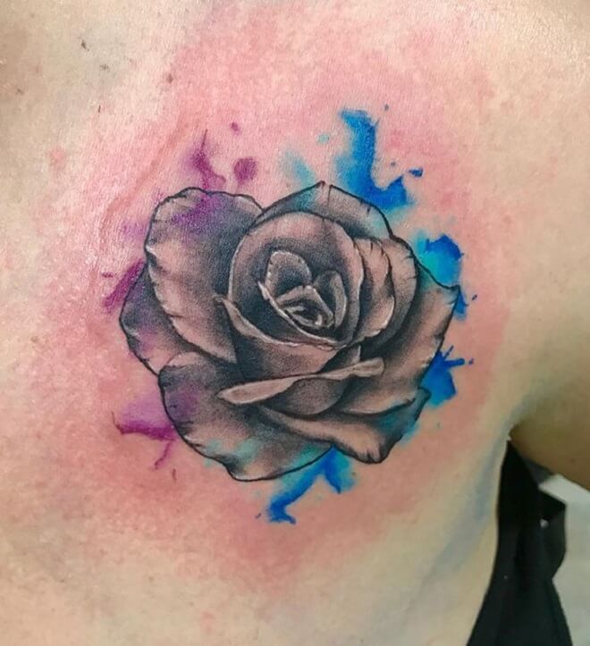 Chest Watercolor Rose Tattoo
