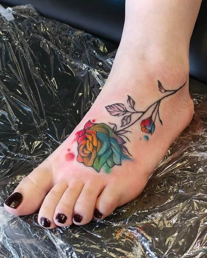 Leg Watercolor Rose Tattoo