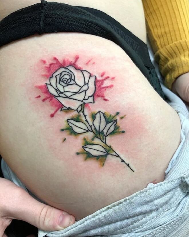 Line Watercolor Rose Tattoo