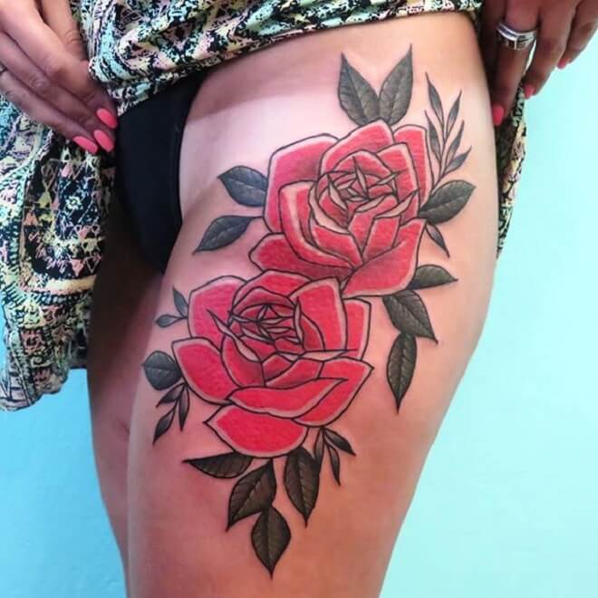 Hip Traditional Rose Tattoo