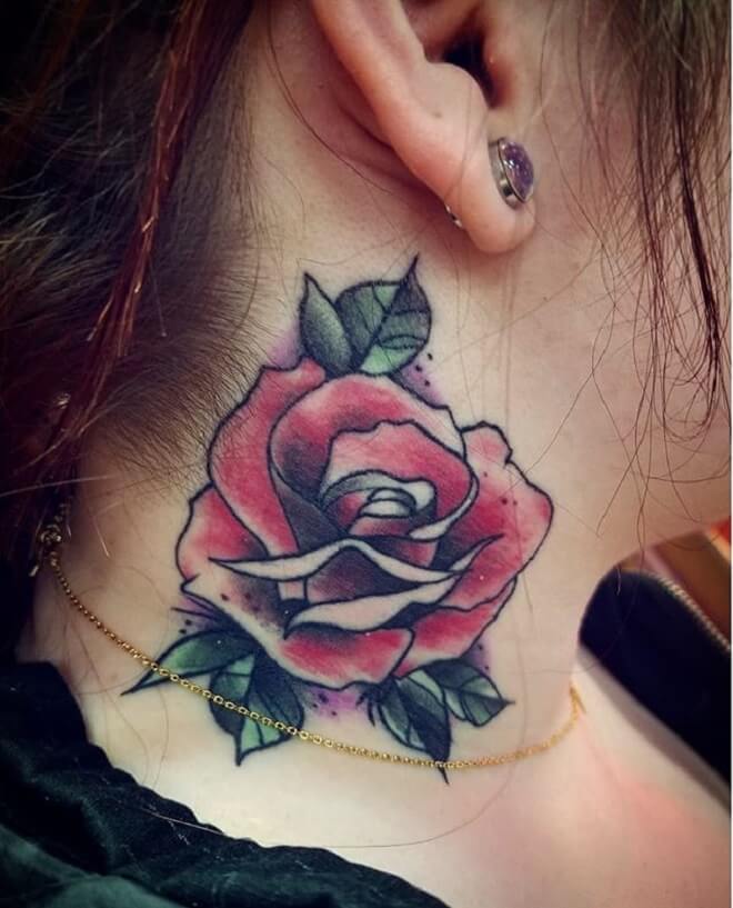 Neck Traditional Rose Tattoo