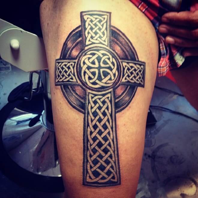 Thigh Celtic Cross Tattoo