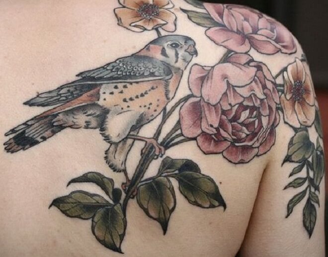 Bird Flower Shoulder Tattoo