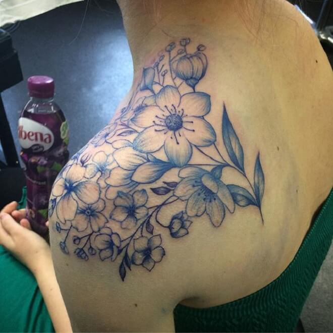 Blue Flower Shoulder Tattoo