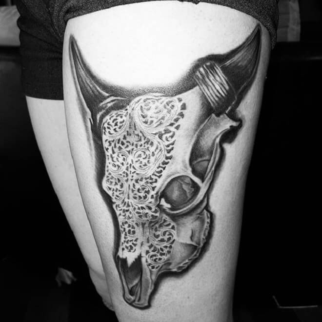 Bull Skull Hip Tattoo