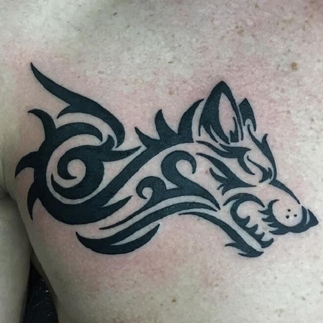Chest Tribal Wolf Tattoo