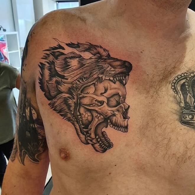 Chest Wolf Skull Tattoo