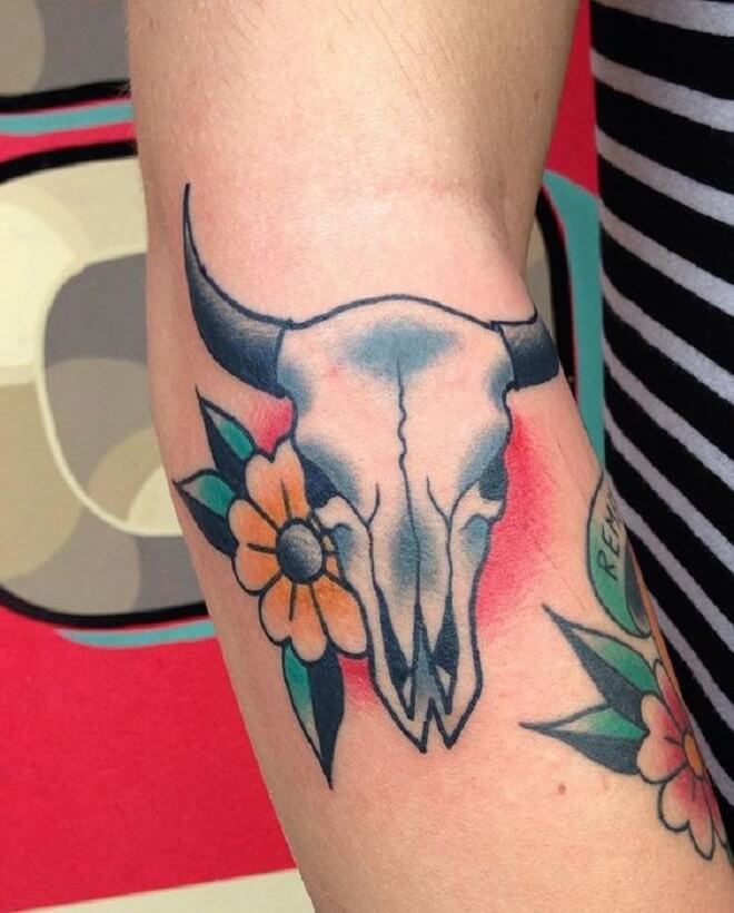 Colorful Bull Skull Tattoo