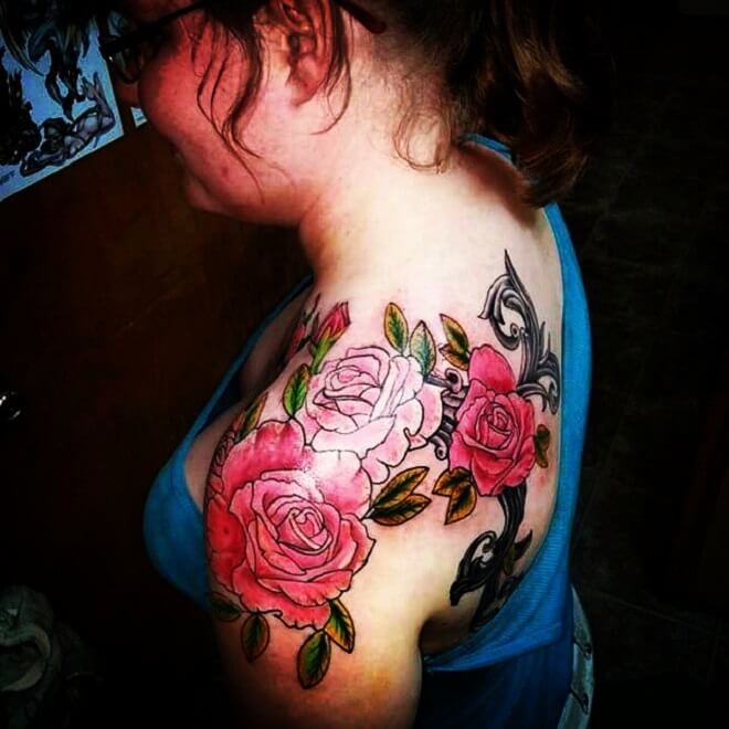 Colorful Flower Shoulder Tattoo