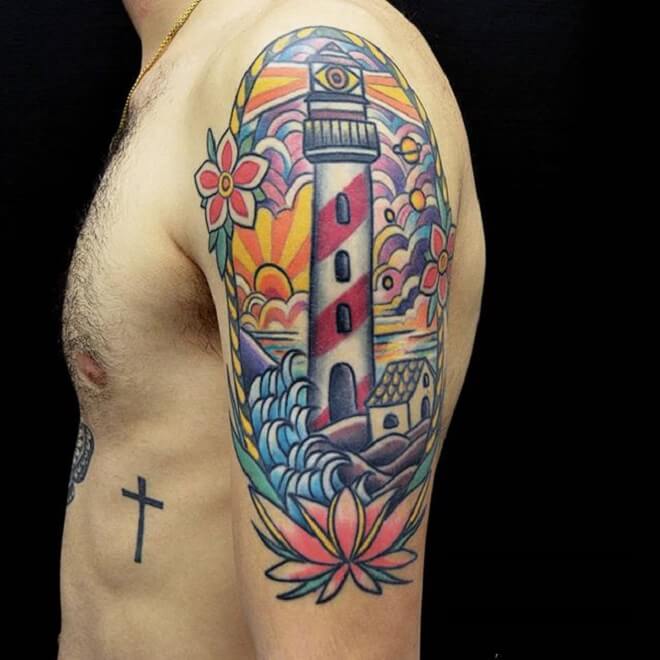Colorful Lighthouse Tattoo