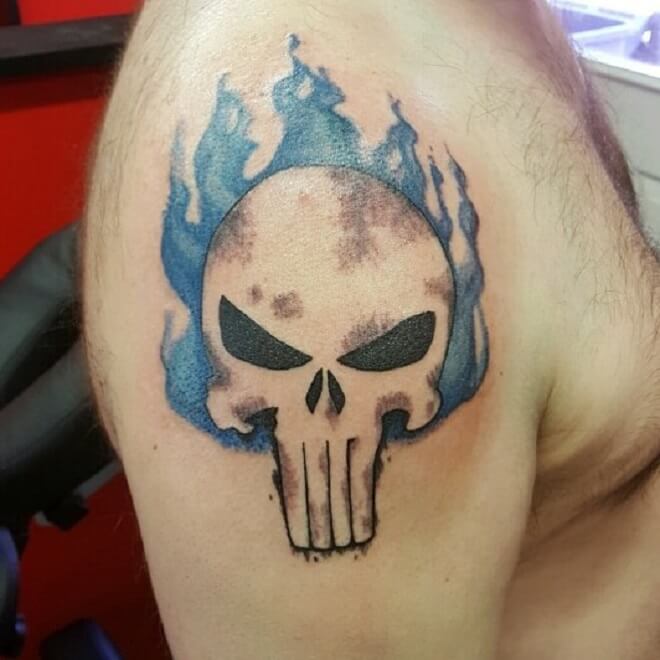 Flaming Skull Line Tattoo