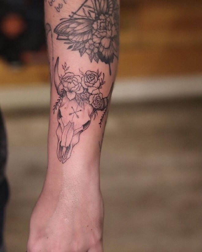 Flower Bull Skull Tattoo