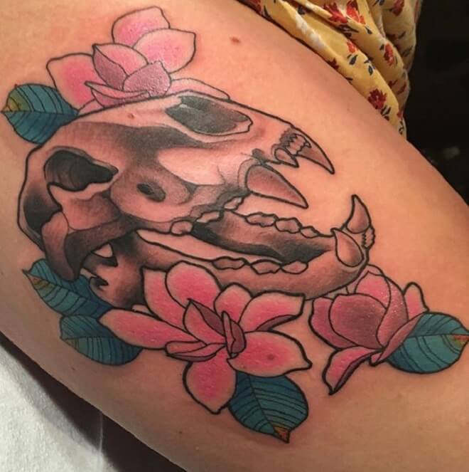Flower Lion Skull Tattoo