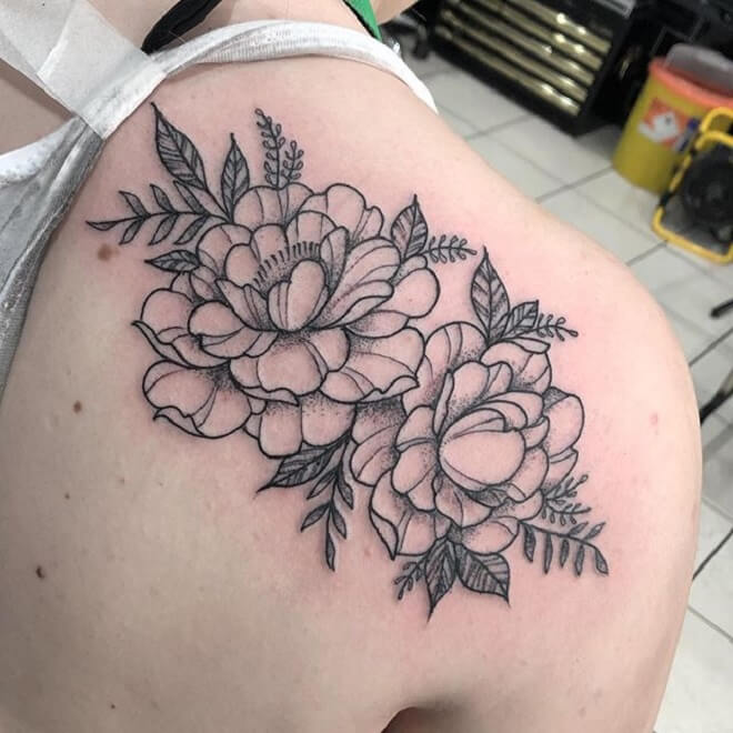 Flower Shoulder Line Work Tattoo