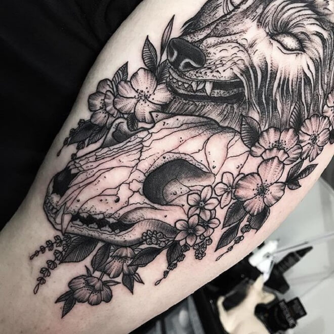 Flower Wolf Skull Tattoo