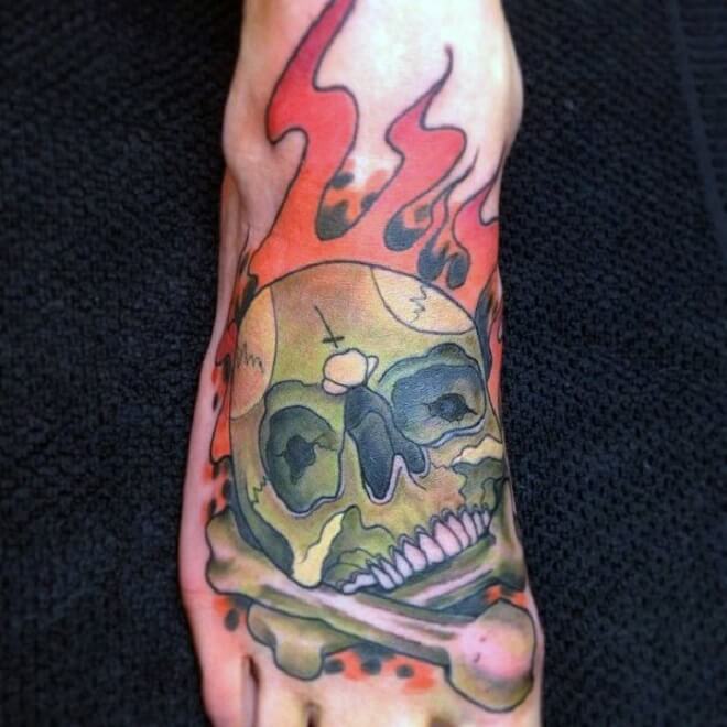 Foot Flaming Skull Tattoo