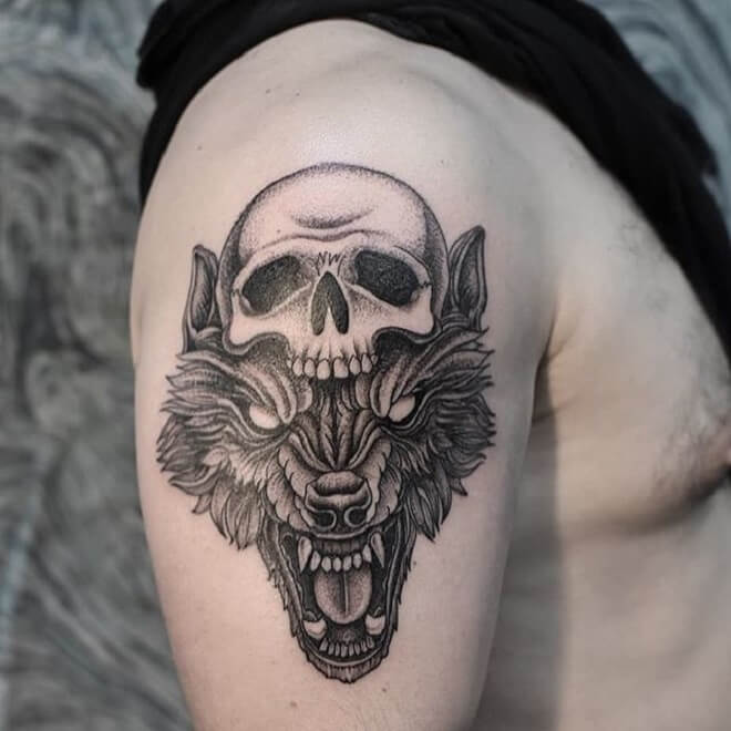Men Wolf Skull Tattoo