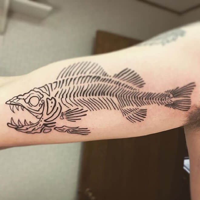 Skeleton Line Fish Tattoo