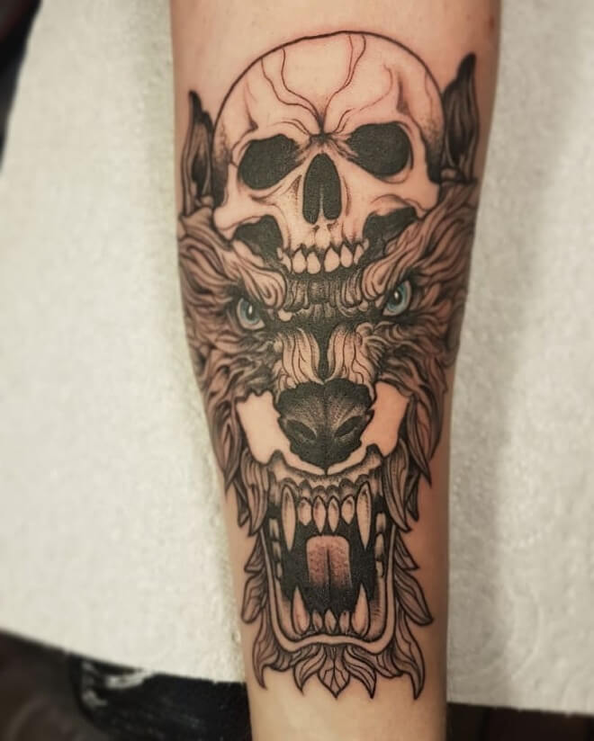 Skull with Wolf Tattoo