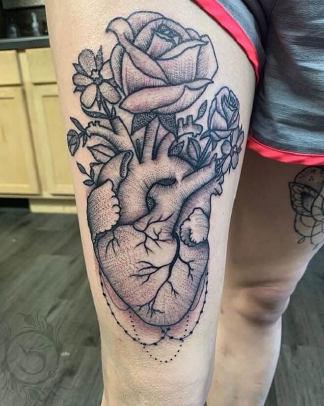 Thigh Anatomical Heart Tattoo