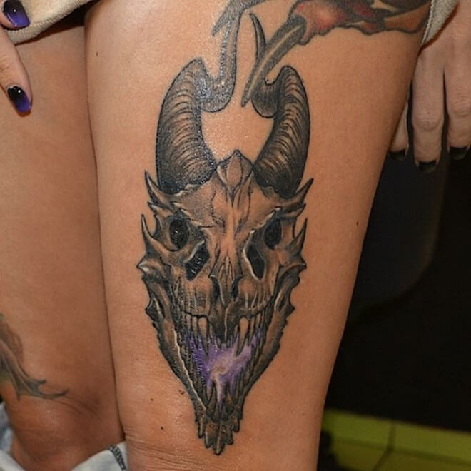 Thigh Dragon Skull Tattoo