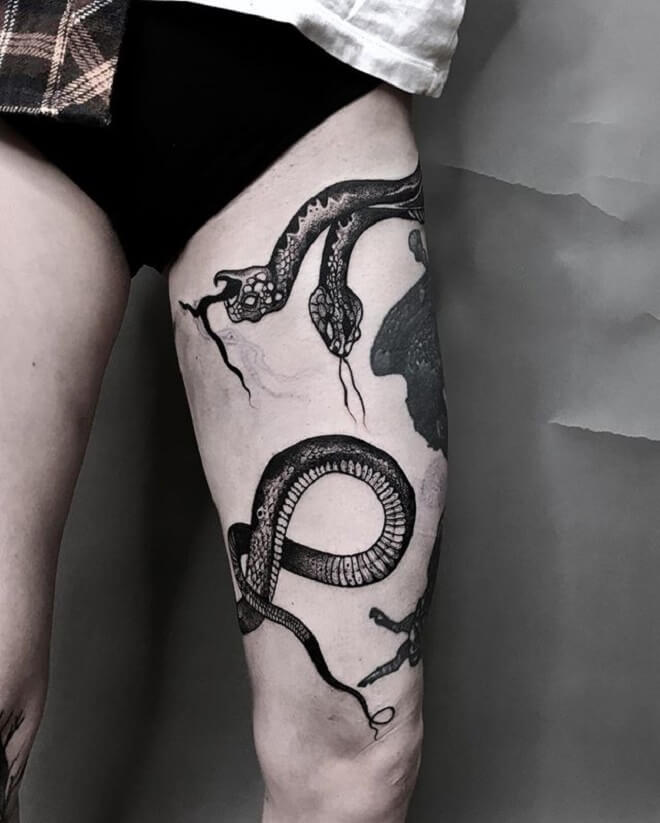 Thigh Snake Skeleton Tattoo